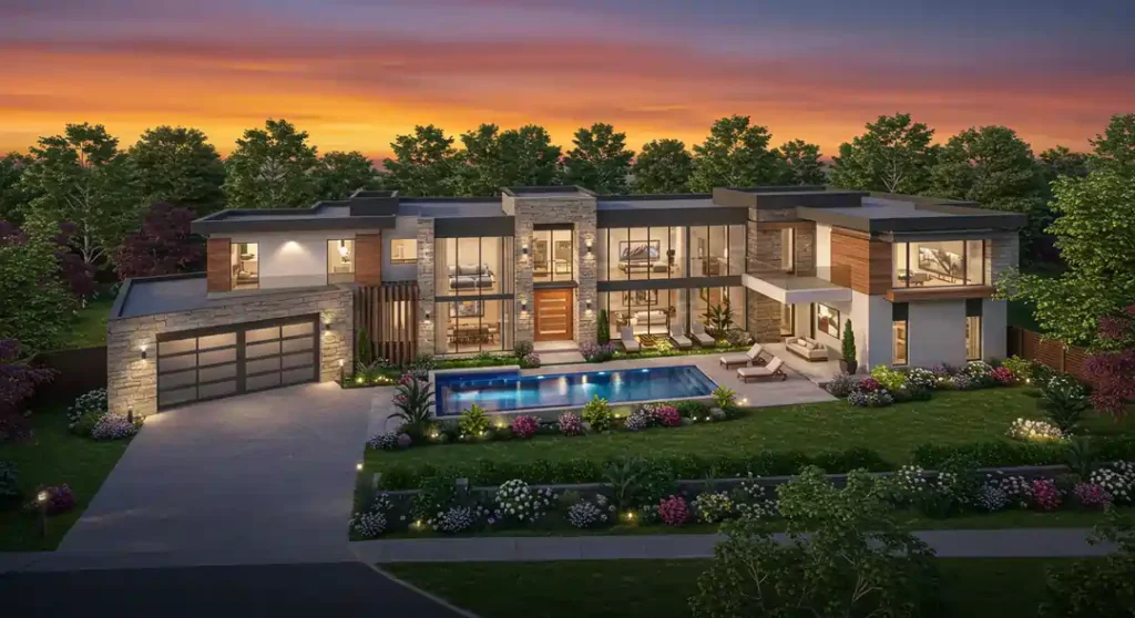 A digital 3D rendering showcasing intricate details of a custom home design by KD Architects.