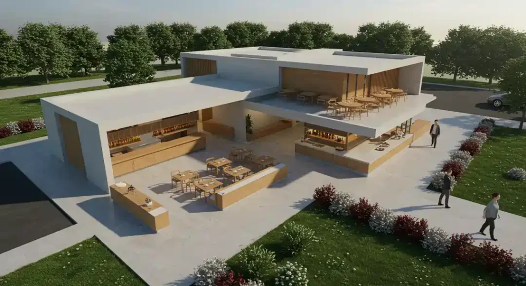 A sleek 3D architectural rendering of a modern restaurant designed by KD Architects.