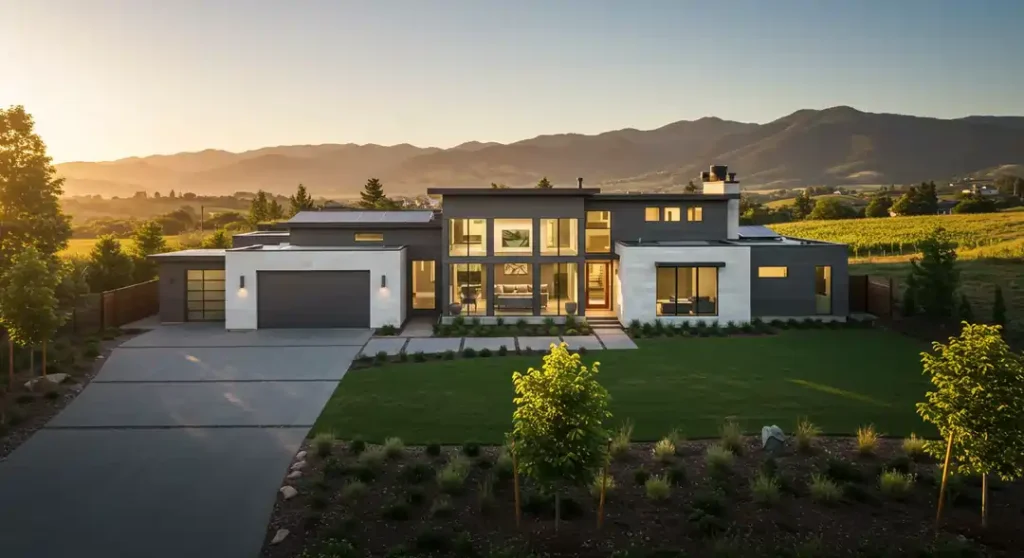A stunning modern custom home nestled in a scenic landscape showcasing KD Architects' hallmark design features.