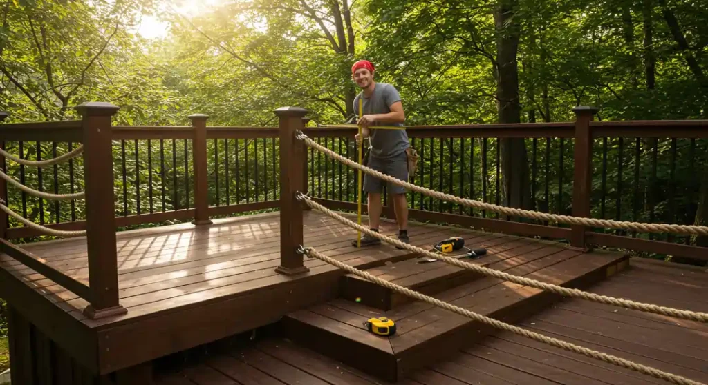 A DIY enthusiast installing a rope railing stairs system on a backyard deck.