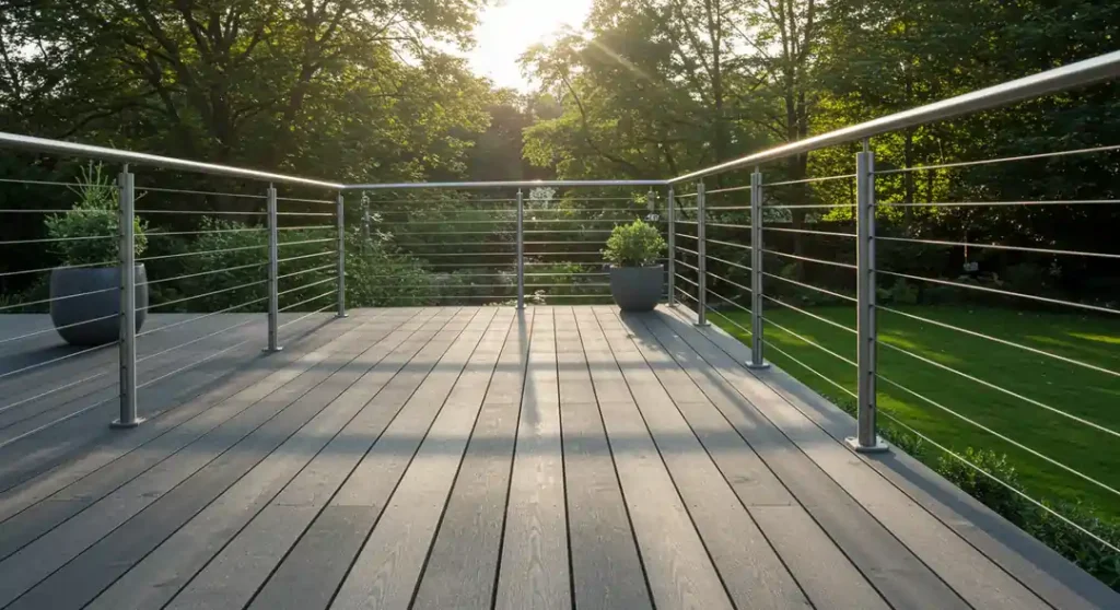 A contemporary deck with stainless steel cable hand railing, showcasing a clean, industrial design.