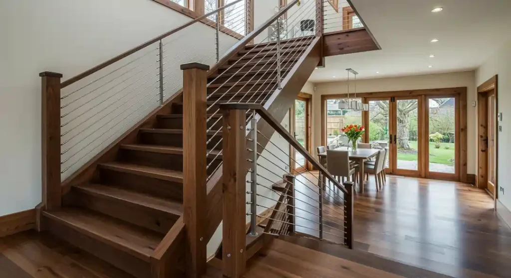 A staircase with wooden handrails and stainless steel rope banister, blending rustic and modern styles.