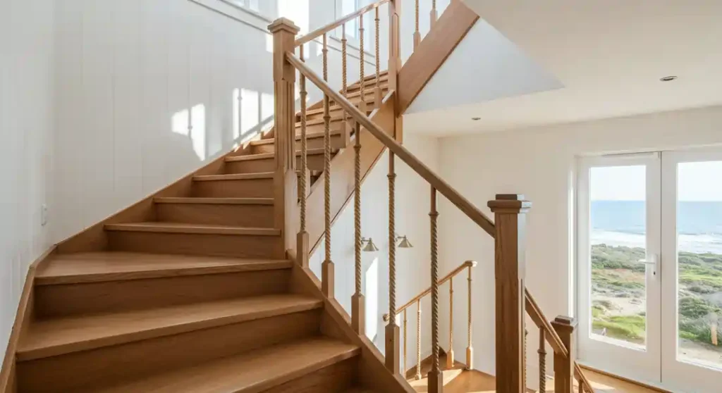 A wooden staircase with a thick twisted rope banister, set against a white coastal home interior.