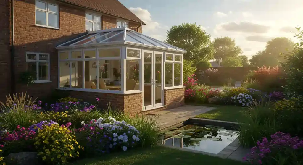 A lean-to conservatory with a solid roof overlooking a garden.